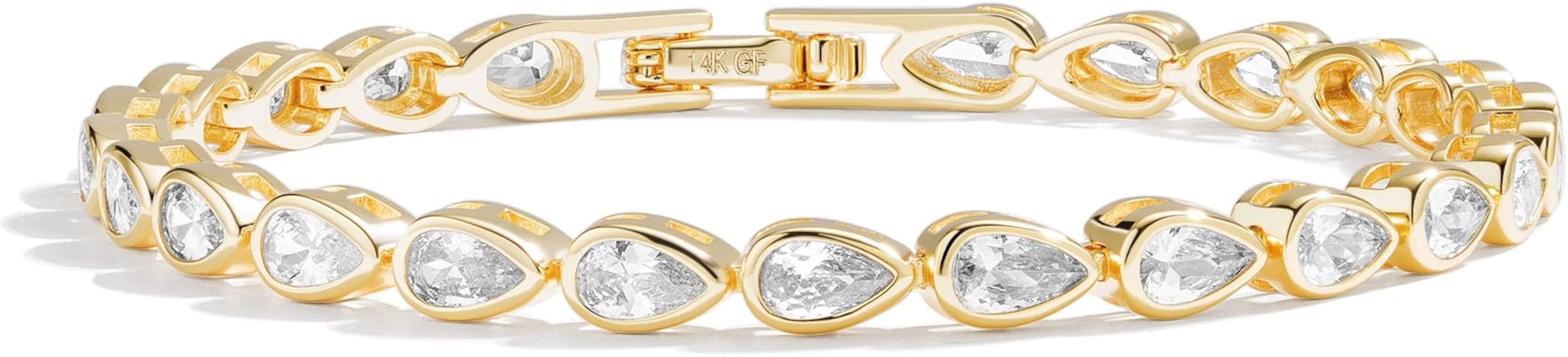 14K Gold Tennis Bracelets for Women - Bezel CZ Bracelet For Women - Simulated Diamonds Princess, ... | Amazon (US)