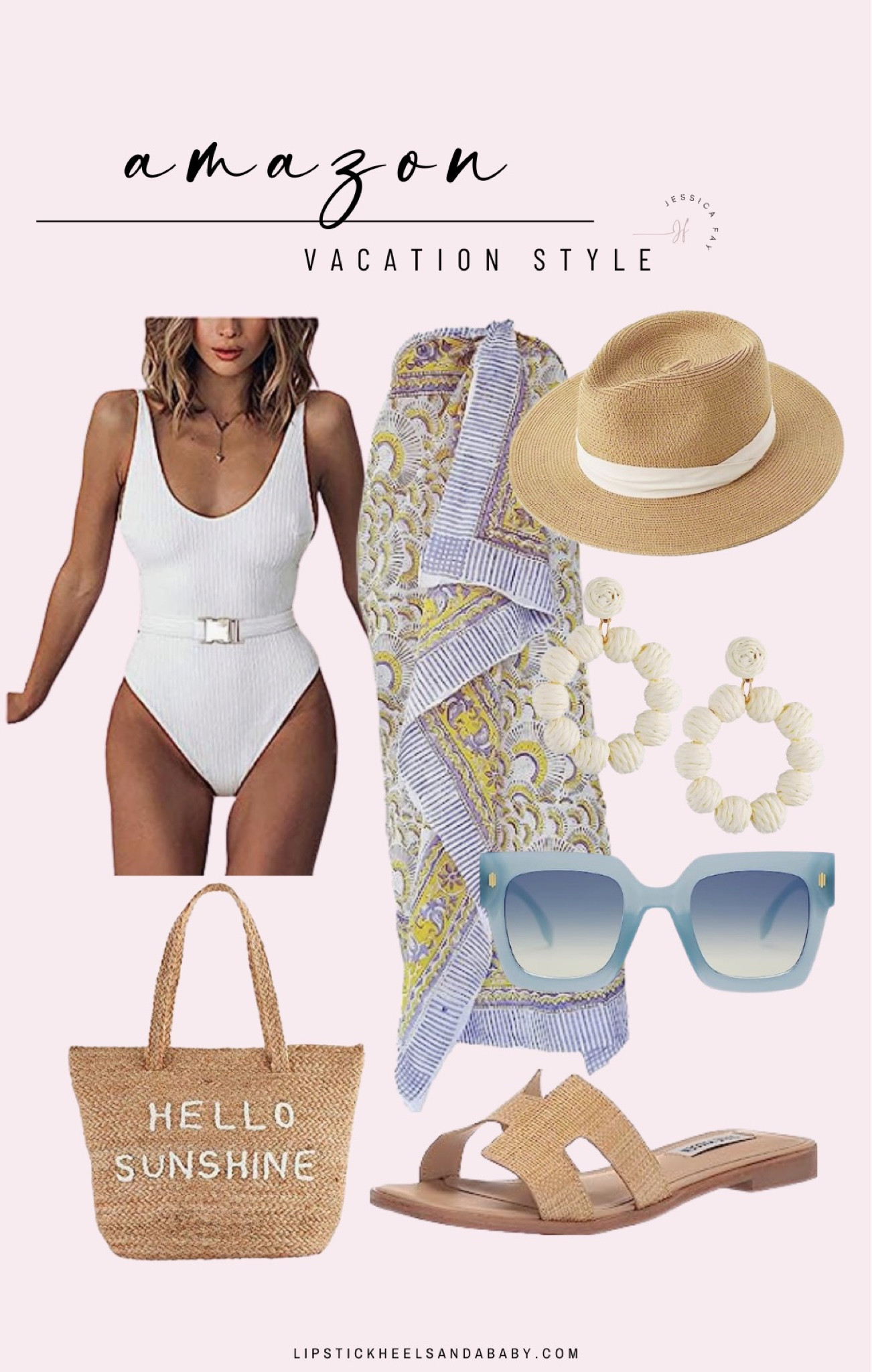 Amazon vacation style
White one piece belted swimsuit
Sarang
Beach bag