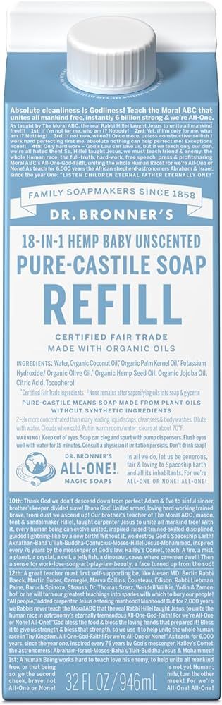 Dr. Bronner’s - Pure-Castile Liquid Soap Refill, 82% Less Plastic per Quart, Made with Organic Oils, 18-in-1 Uses, For Face, Body, Hand Soap Refill, Hair, Laundry, Pets & Dishes (32oz, Baby Unscented) | Amazon (US)
