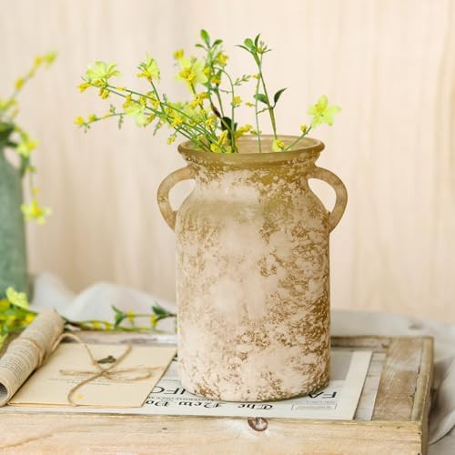 Glass Flower Vase with Handle- 8 Inches Rustic Imitation Ceramic Vase for Flowers, Vintage White ... | Amazon (US)
