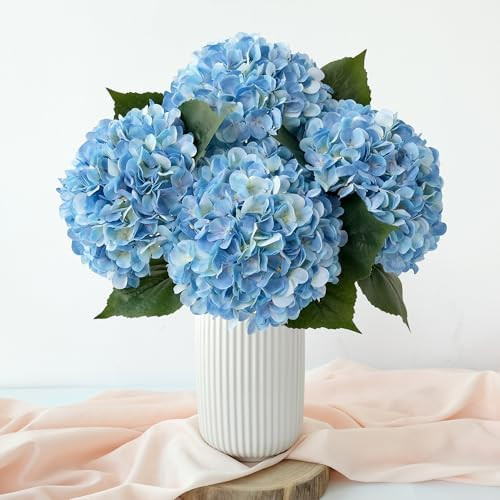 Blue Flowers Hydrangea Artificial Flowers, 4Pcs 22" Large Lifelike Silk Artificial Hydrangeas, Fu... | Amazon (US)