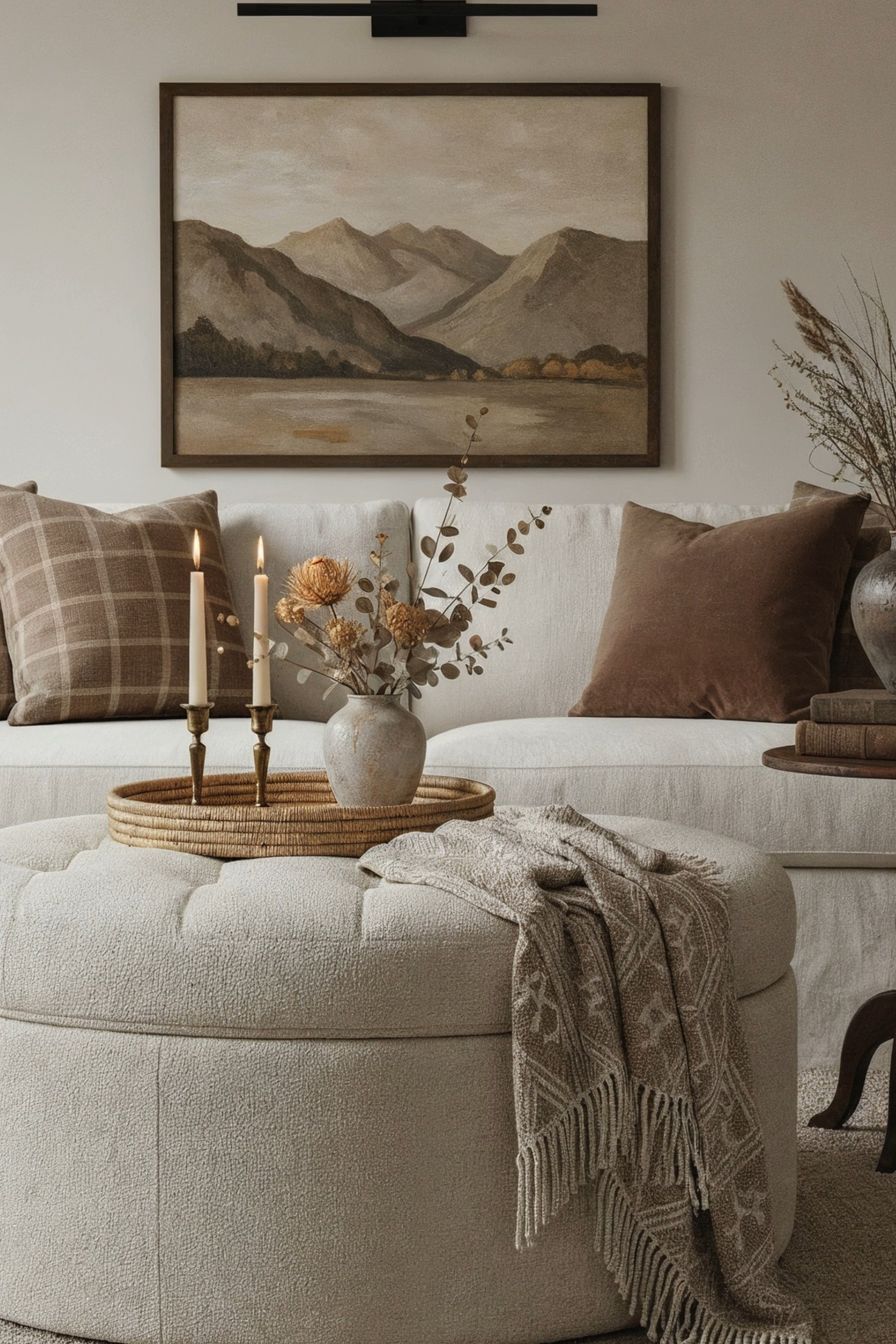 This serene living room exudes elegant comfort with its neutral palette and cozy furnishings. The space is adorned with soft textiles, including plush cushions and a beautiful throw draped over a tufted ottoman. An earthy landscape painting anchors the room, while warm candlelight adds a touch of ambiance. The classic decor elements blend seamlessly to create an inviting atmosphere perfect for relaxation. 🖤 If you want to see more content like this, FOLLOW maeveandmodern on LTK, Instagram, and Pinterest! Check out our blog where we post daily, maeveandmodern.com! | neutral home decor | cozy living room | elegant comfort | warm ambience | organic modern | tufted ottoman | soft textiles | earthy tones | landscape art | interior styling | timeless design | plush cushions | ambient lighting | serene atmosphere | classic decor | relaxed elegance | sophisticated styling | natural elements | modern interiors | home design trends |   

 

#LTKHome #LTKSaleAlert #LTKFindsUnder100 #LTKSeasonal #LTKHome #LTKSaleAlert