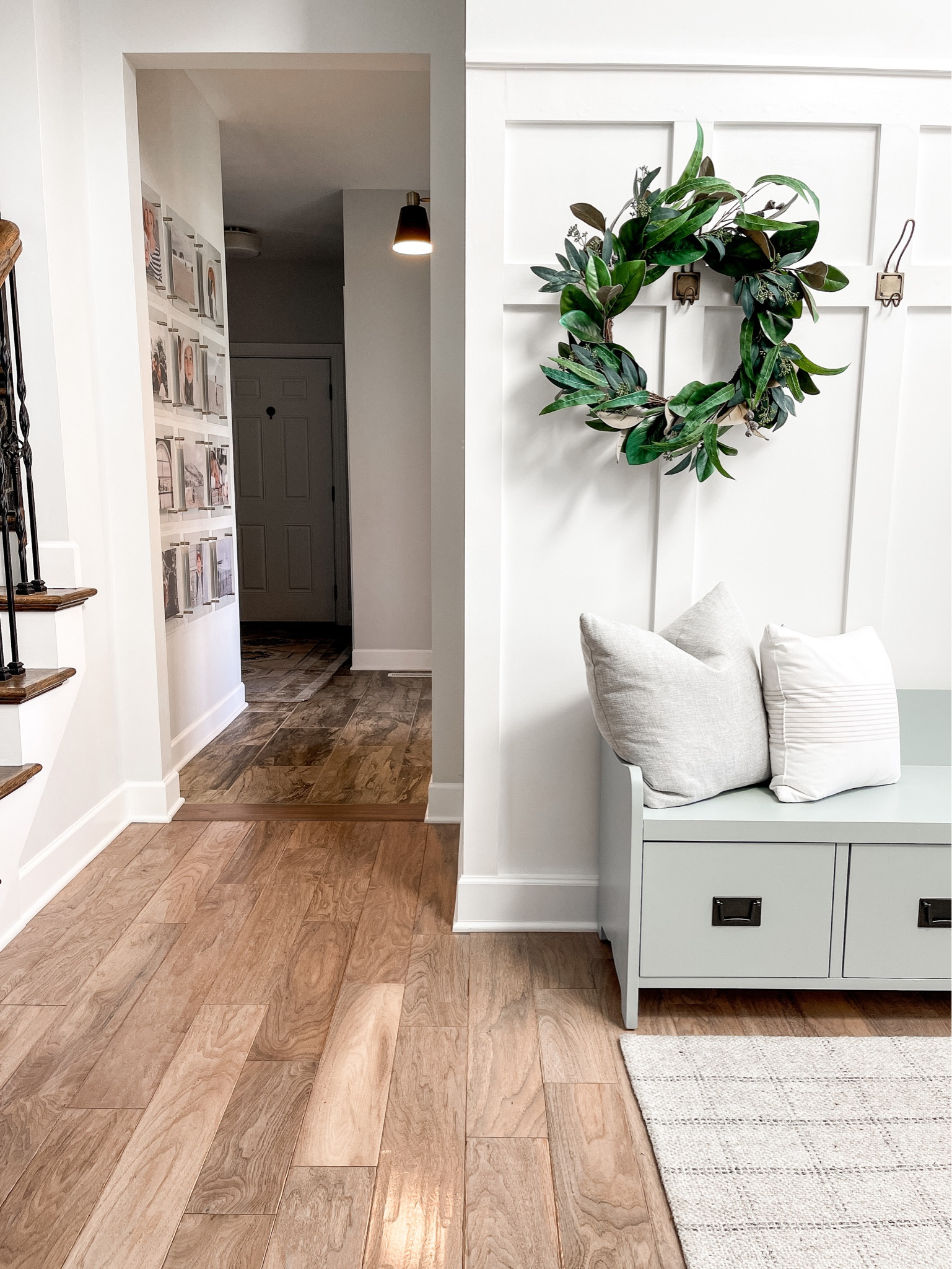 Entryway decor 
Seating bench painted Boothbay Gray by Benjamin Moore 

#LTKfamily #LTKhome