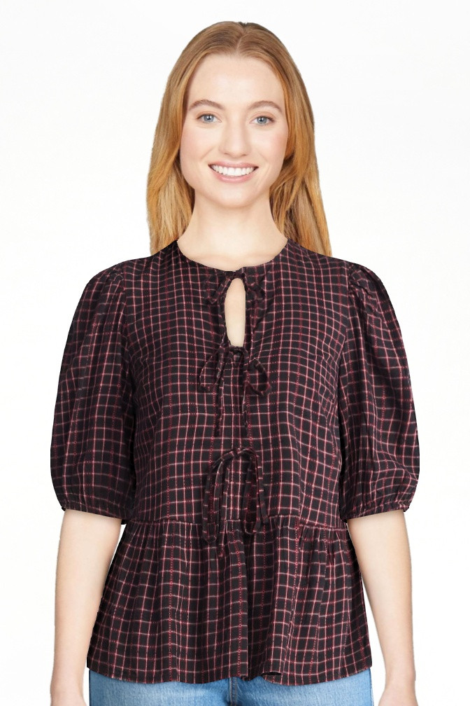 Time and Tru Women's Tie Front Peplum Top with Short Puff Sleeves, Size XS – XXXL | Walmart (US)
