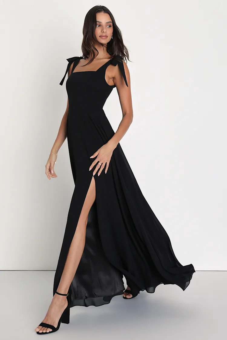 Love Me Forever Black Tie-Strap Square Neck Maxi Dress | Lulus