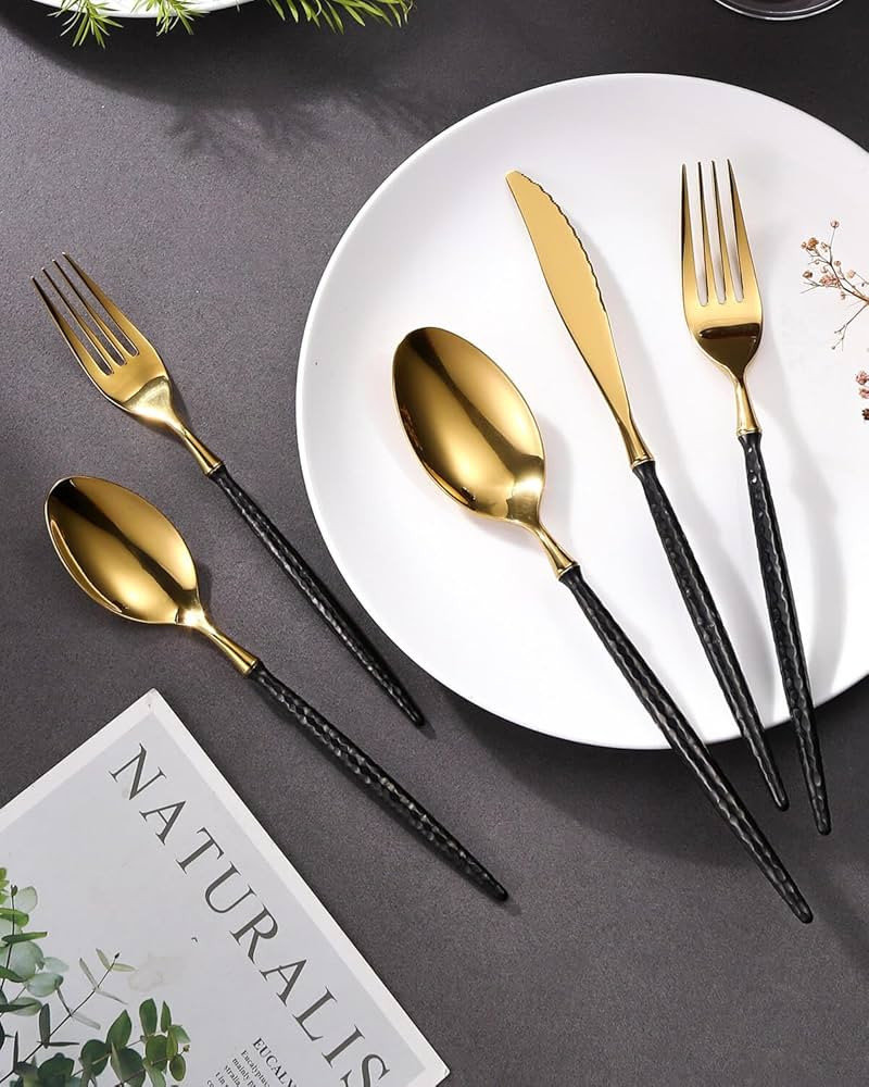 20-Piece Hammered Black Gold Silverware Set,18/10 Stainless Steel Forging Heavy Duty Cutlery Set ... | Amazon (US)