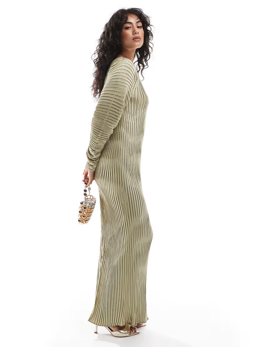 ASOS DESIGN pleated maxi dress with cocoon sleeve in gold | ASOS (Global)