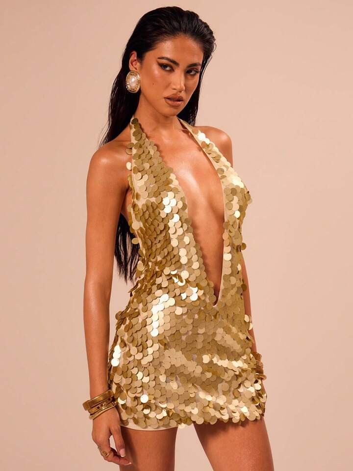 £13.99              MUSERA Sexy Sequin Halterneck Deep Low Plunge Mini Holiday Party DressColor:... | SHEIN