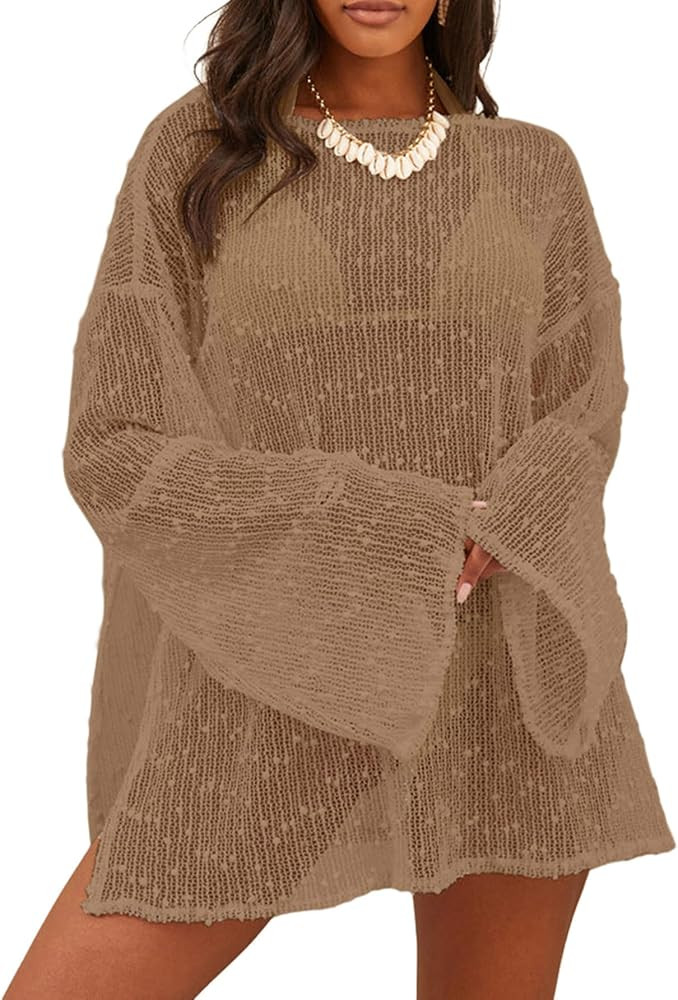 Lilosy Sexy Crochet Sheer Kaftan Caftan Beach Dress Bathing Suit Swim Coverup One Piece | Amazon (US)