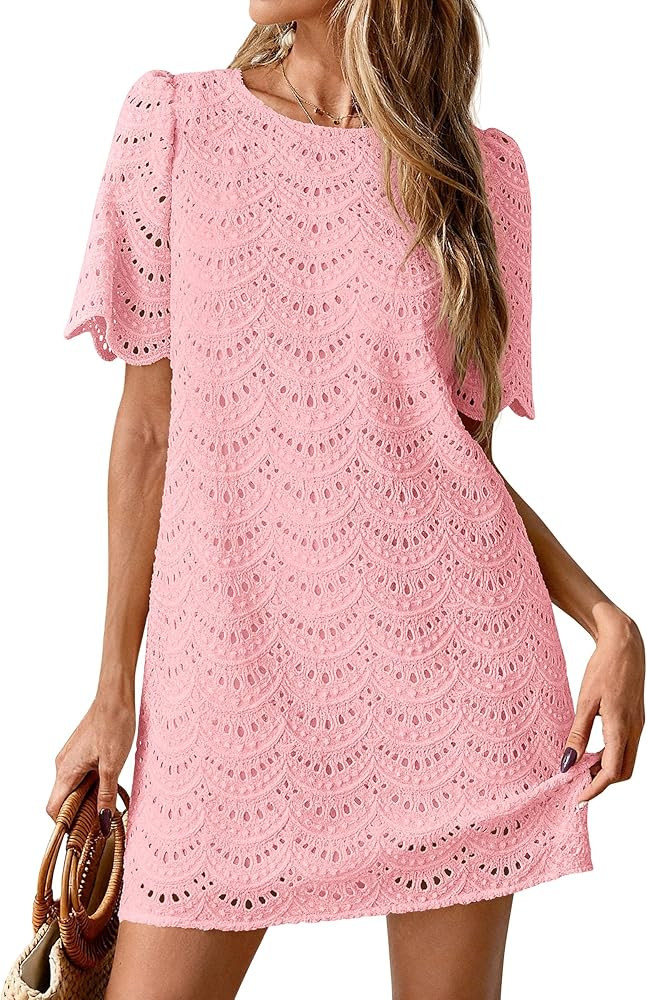 PRETTYGARDEN Women's 2026 Summer Casual Short Dresses Embroidered Lace Short Sleeve Boho Mini Dre... | Amazon (US)
