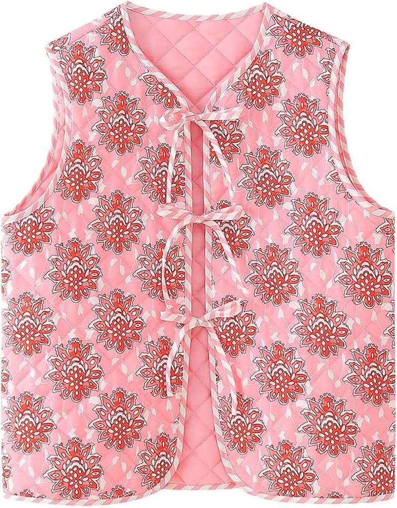 Arssm Women's Cropped Floral Quilted Vest Lightweight Vintage Printed Sleeveless Jacket Puffer Gilet(PinkFloral-M) | Amazon (US)