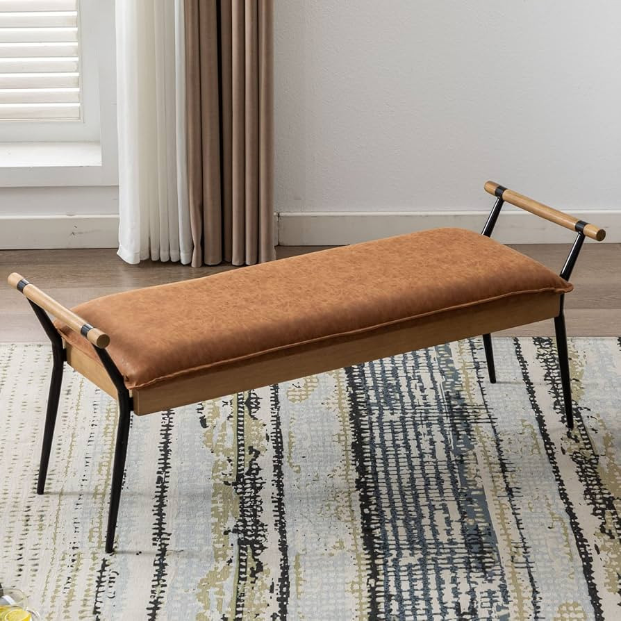 LukeAlon Modern PU Leather Entryway Bench, Upholstered End of Bed Bench with Arms Classic Bedroom... | Amazon (US)