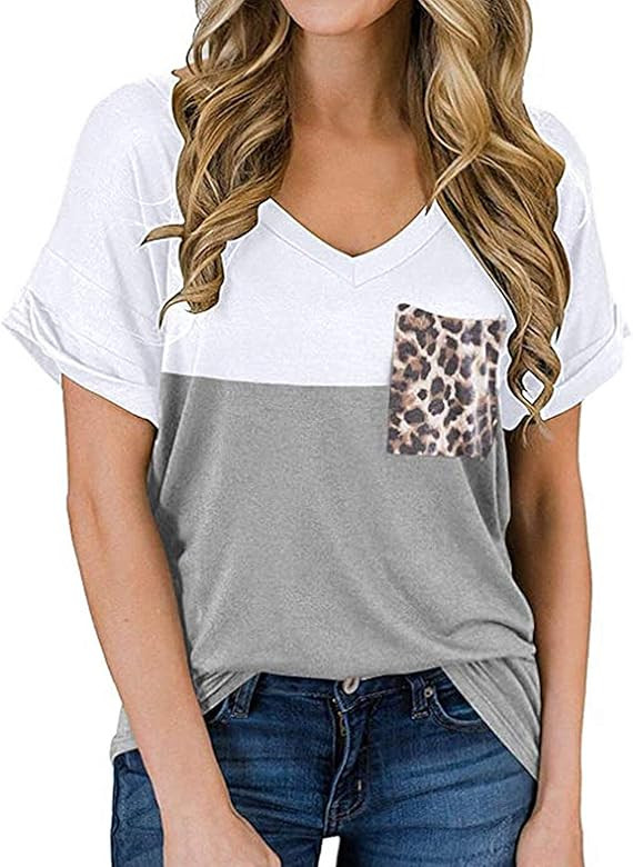 Women's Short Sleeve T Shirts V-Neck Tunic Tops Loose Casual Tees Front Leopard Pocket | Amazon (US)