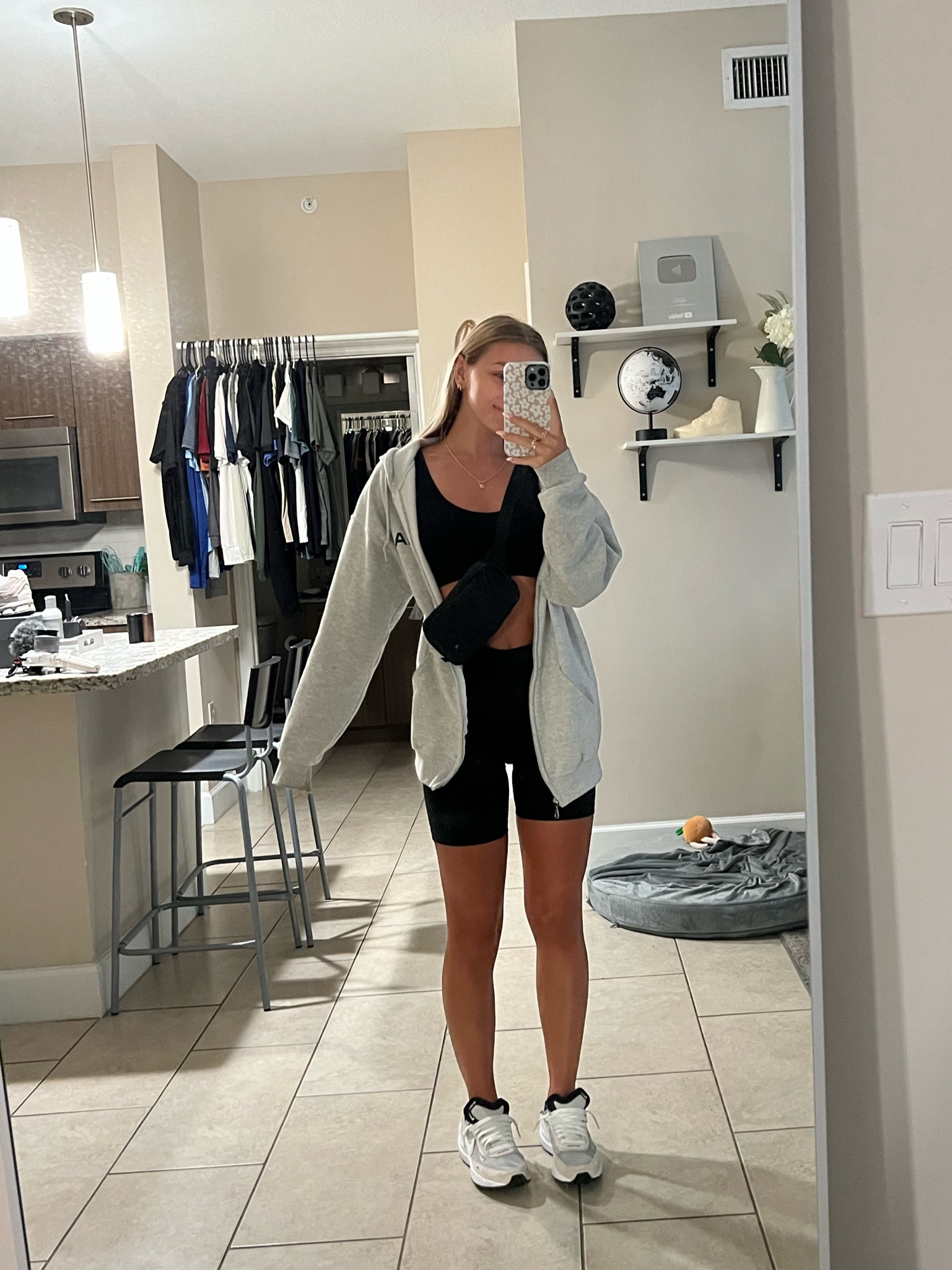 My go to comfy outfit 

Black sports bra and biker short set, gray oversized sweatshirt, comfy sneakers, & lululemon belt bag

#LTKtravel #LTKfit #LTKSeasonal