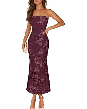 MEROKEETY Women's Summer Floral Wedding Guest Cocktail Maxi Dress | Strapless, Tube Top, Mesh, Bo... | Amazon (US)