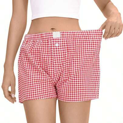 Women's Plaid Shorts Casual Elastic Waist Aesthetic Casual Bottoms | SHEIN