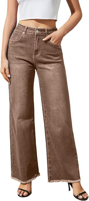 Women's Wide Leg Jeans High Waisted Strechy Jeans for Women Straight Raw Hem Loose Casual Denim | Amazon (US)