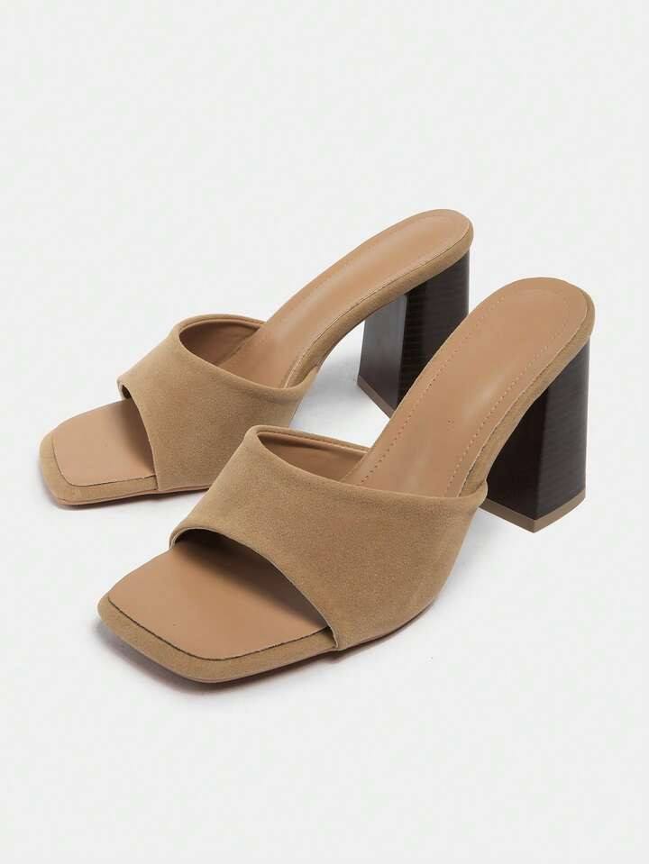 New Style Women's Brown Suede Peep Toe Chunky Heel Slip-On Casual Sandals, Spring/Summer 2025 | SHEIN