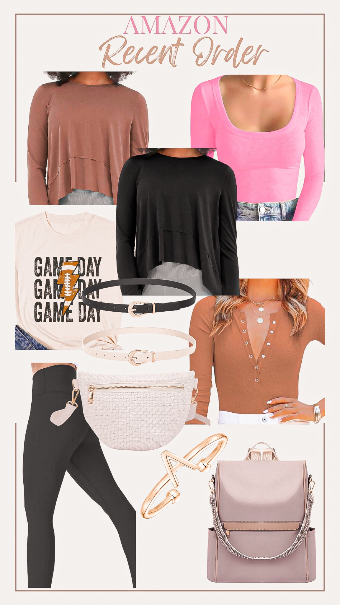 Recent Amazon order 🛍️

I got a medium in all shirts 🤎
Leggings - medium 

Will review more when it arrives 📦

Amazon fashion, Amazon order, workout shirt, long sleeve shirt , active wear , pink shirt , women’s fashion, bodysuit, leggings, gold ring, gold jewelry, backpack, belt bag, purse, game day shirt , women’s belt 

#LTKfitness #LTKfindsunder50 #LTKstyletip