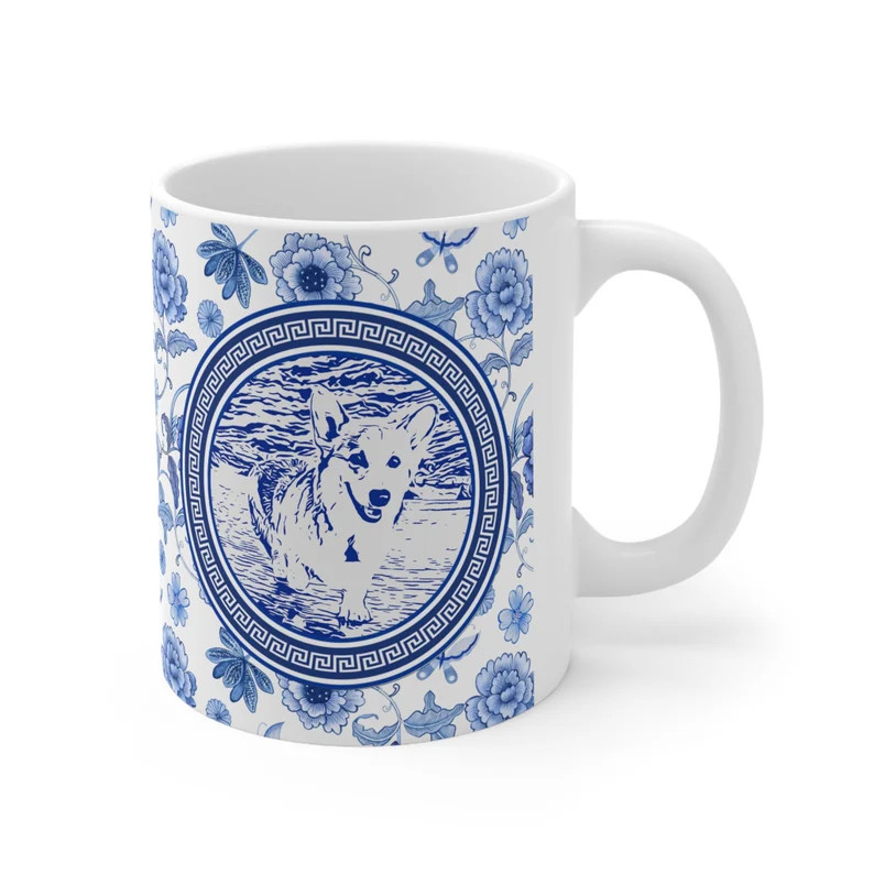 Corgi Chinoiserie Style Mug 11oz White - Etsy | Etsy (US)