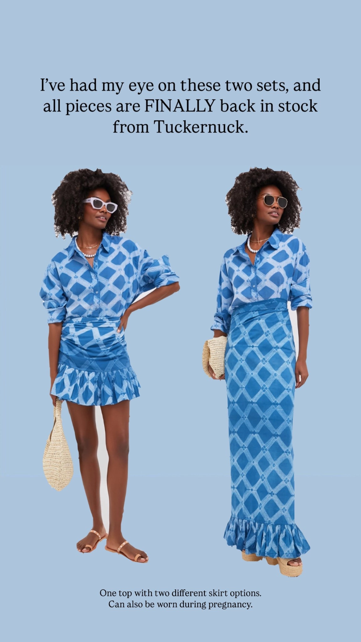 Tuckernuck blue printed button down with matching skirt! Makes a super cute set!

Would be perfect for a vacation outfit or a chic weekend outfit! Bump friendly:

#LTKBump #LTKStyleTip #LTKParties