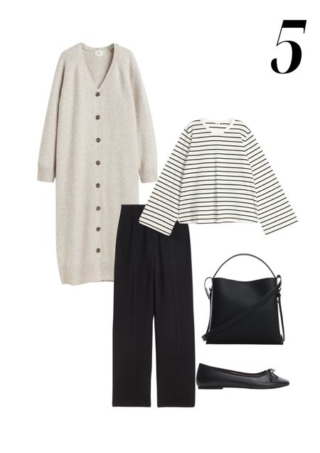 Tailored black trousers styled with a striped long sleeve t-shirt, long cardigan, black shopper and black ballerina pumps 

#LTKstyletip
