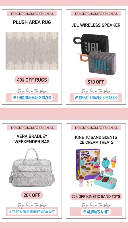 Target circle week deals ✨

Sale. Markdown. Deal. Jbl speaker. Area rug. Kinetic sand toy. Vera Bradley. 



#LTKsalealert #LTKxTarget #LTKfindsunder100