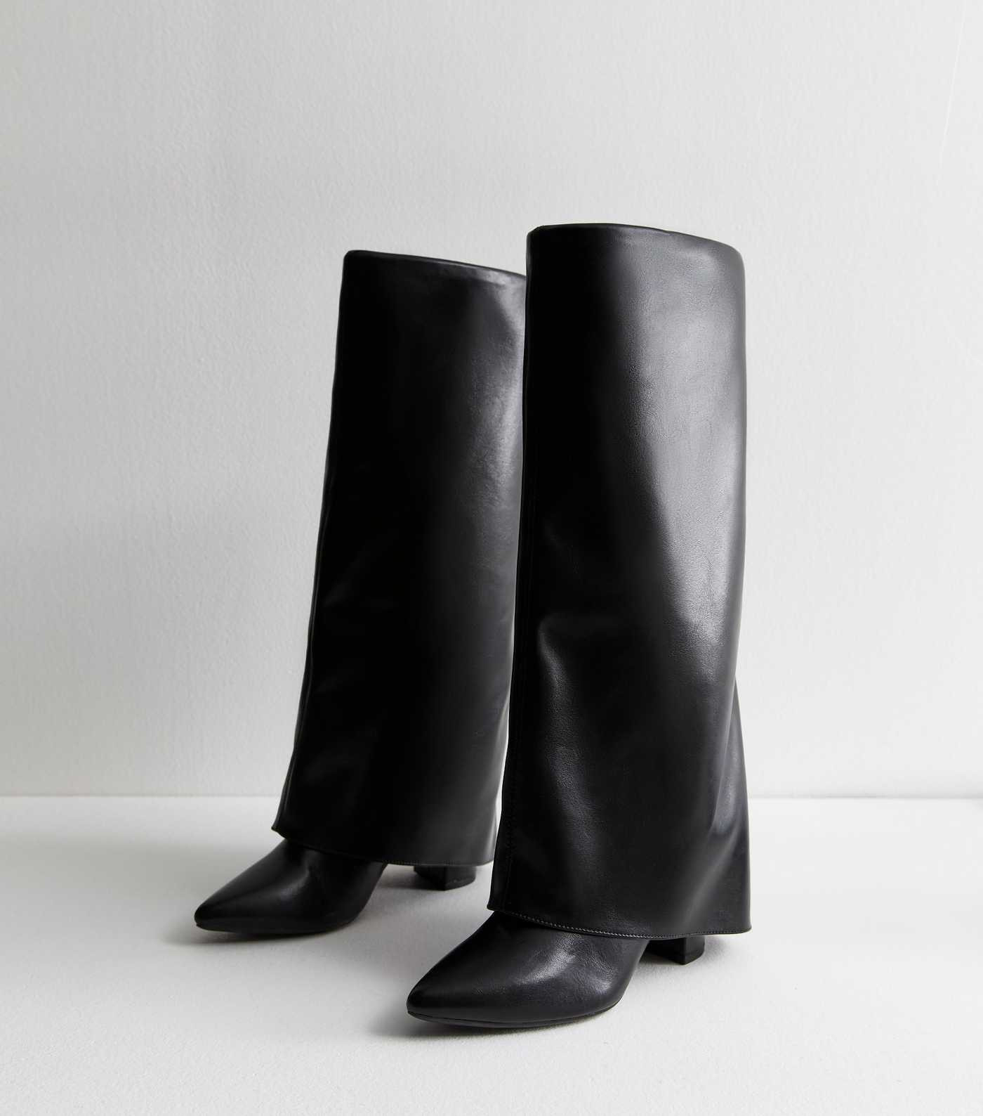 Black Foldover Leather Look Knee High Boots 
						
						Add to Saved Items
						Remove from Sa... | New Look (UK)