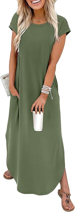 WIHOLL Summer Dresses Cap Sleeve Crewneck Maxi Long Casual Dress with Pockets Beach Vacation Sund... | Amazon (US)