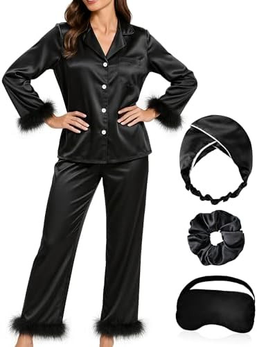 Silk Pajamas for Women with Feather Trim Long Sleeve Satin Pajama Set 2 Piece Button Down Pjs Pri... | Amazon (US)
