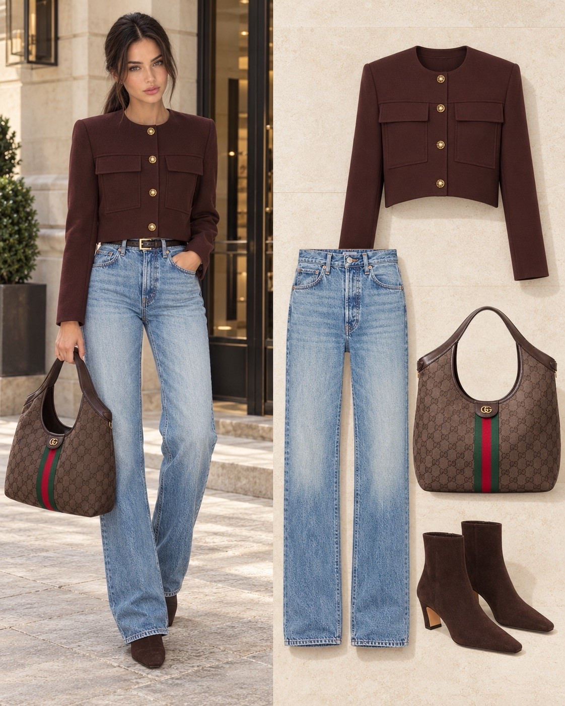 Brown crop blazer and jeans chic workwear outfit