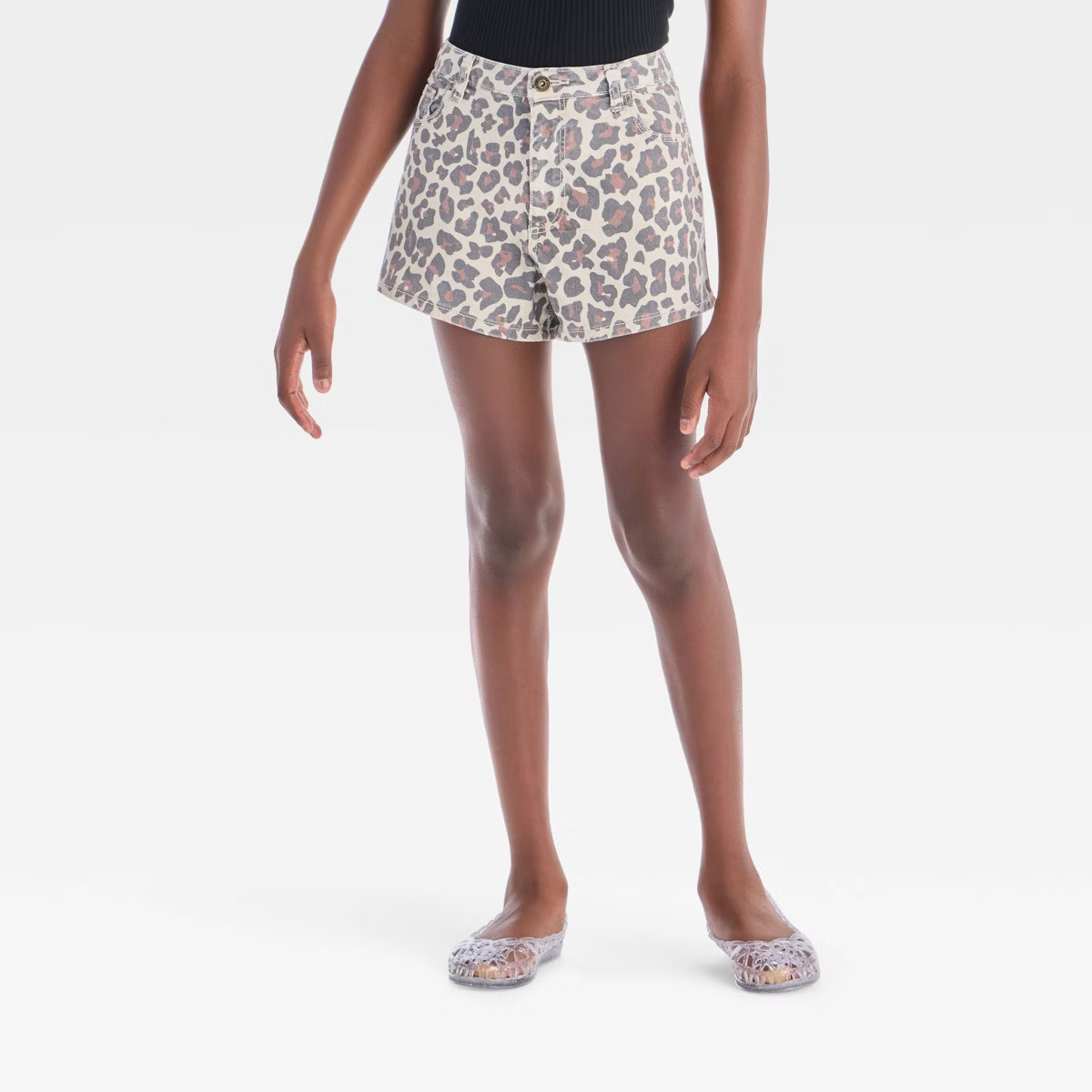 Girls' High-Rise A-Line Leopard Printed Washed Denim Shorts - art class™ Beige L: Cotton Denim... | Target