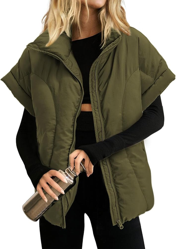 Womens Cropped Puffer Vest Oversized Padded Jackets Stand Collar Cap Sleeve Zip Up Vest Coat Wint... | Amazon (US)