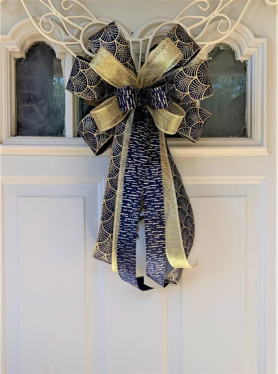 Blue and Gold Christmas Tree Bow for Wreath, Lantern Bow Decoration, Navy and Gold Christmas Bow | Etsy (US)
