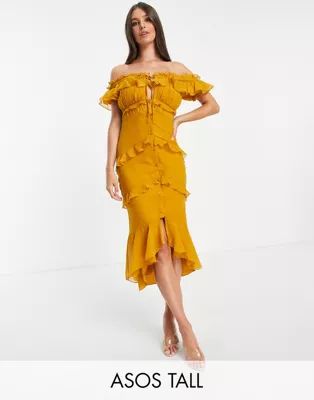 ASOS DESIGN Tall off shoulder midi dress with button front and ruffle detail | ASOS (Global)