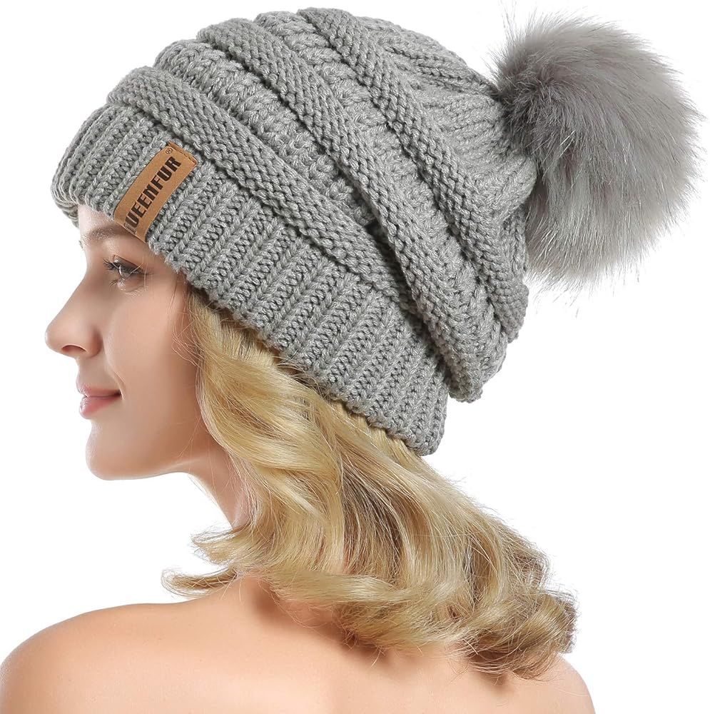 QUEENFUR Women Knit Slouchy Beanie Chunky Baggy Hat with Faux Fur Pompom Winter Soft Warm Ski Cap | Amazon (US)