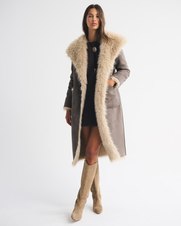 Women's Reversible Vegan Suede Shearling Long Coat | Women's Coats & Jackets | Abercrombie.com | Abercrombie & Fitch (US)