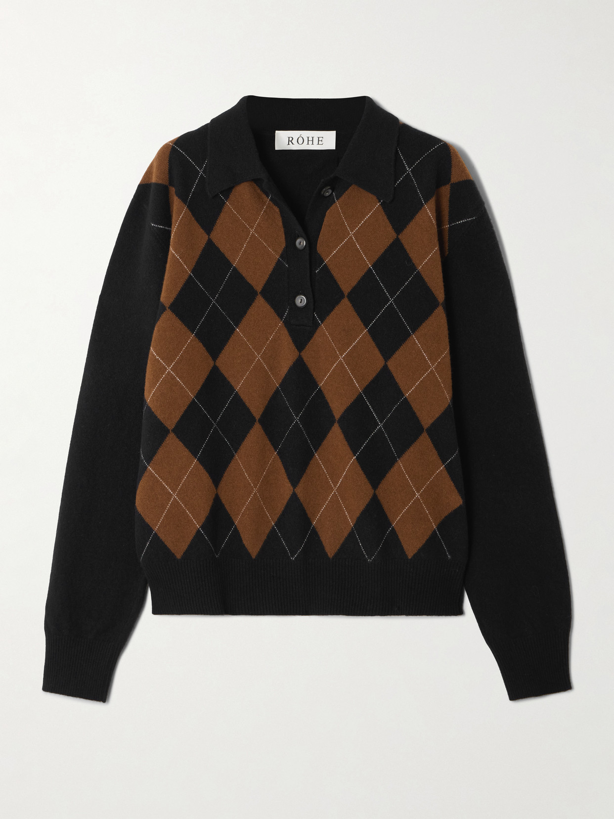 RÓHE - Argyle Wool Polo Sweater - Black | NET-A-PORTER (US)