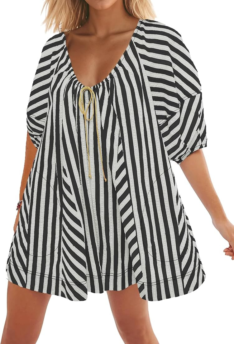 Women Striped Summer Dress with Pockets Casual Loose Puff Sleeve Mini Dress Adjustable V Neck Ove... | Amazon (US)
