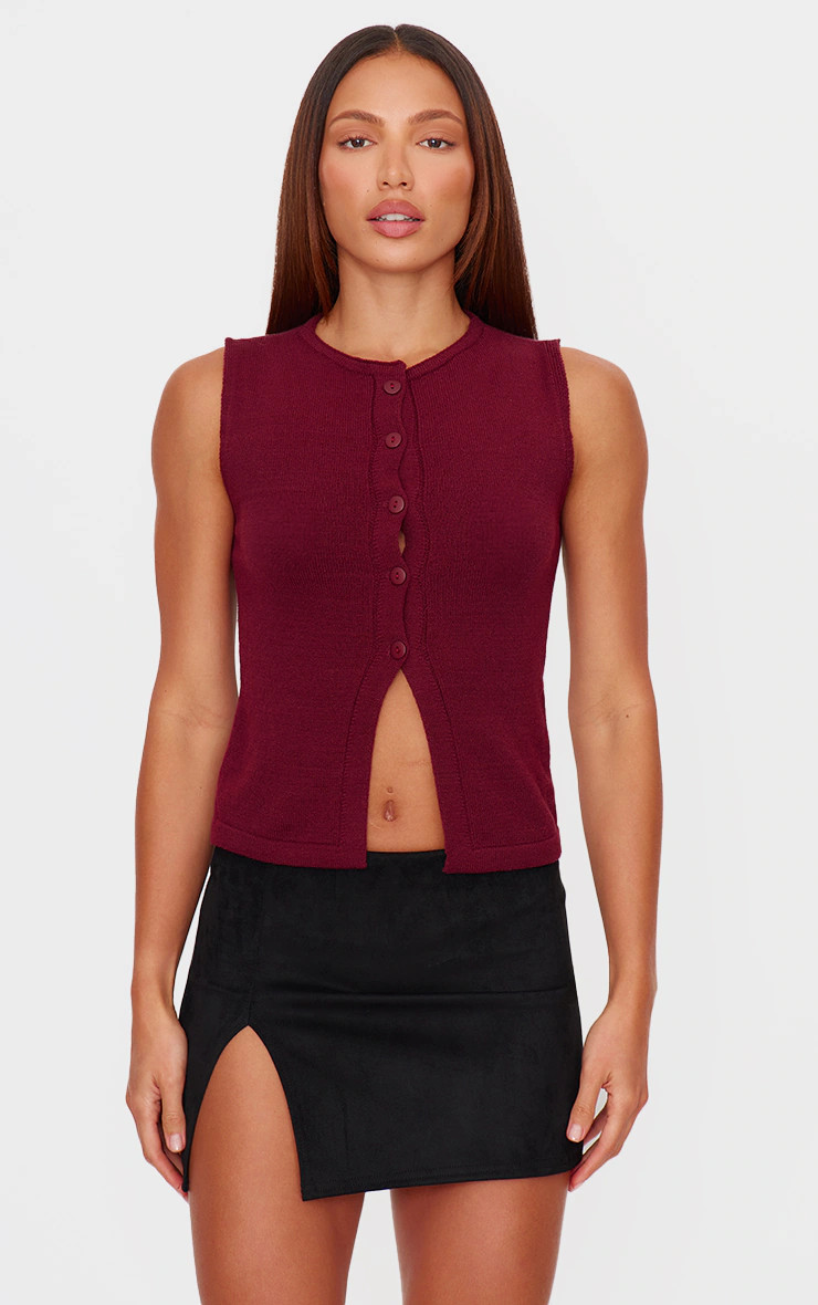 Burgundy Soft Knitted Button Through Waistcoat | PrettyLittleThing UK
