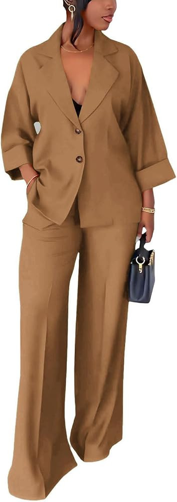 Casual Blazer Pants Suits for Women Dressy Oversized Long Sleeve Blazer and Wide Leg Pants 2 Piec... | Amazon (US)
