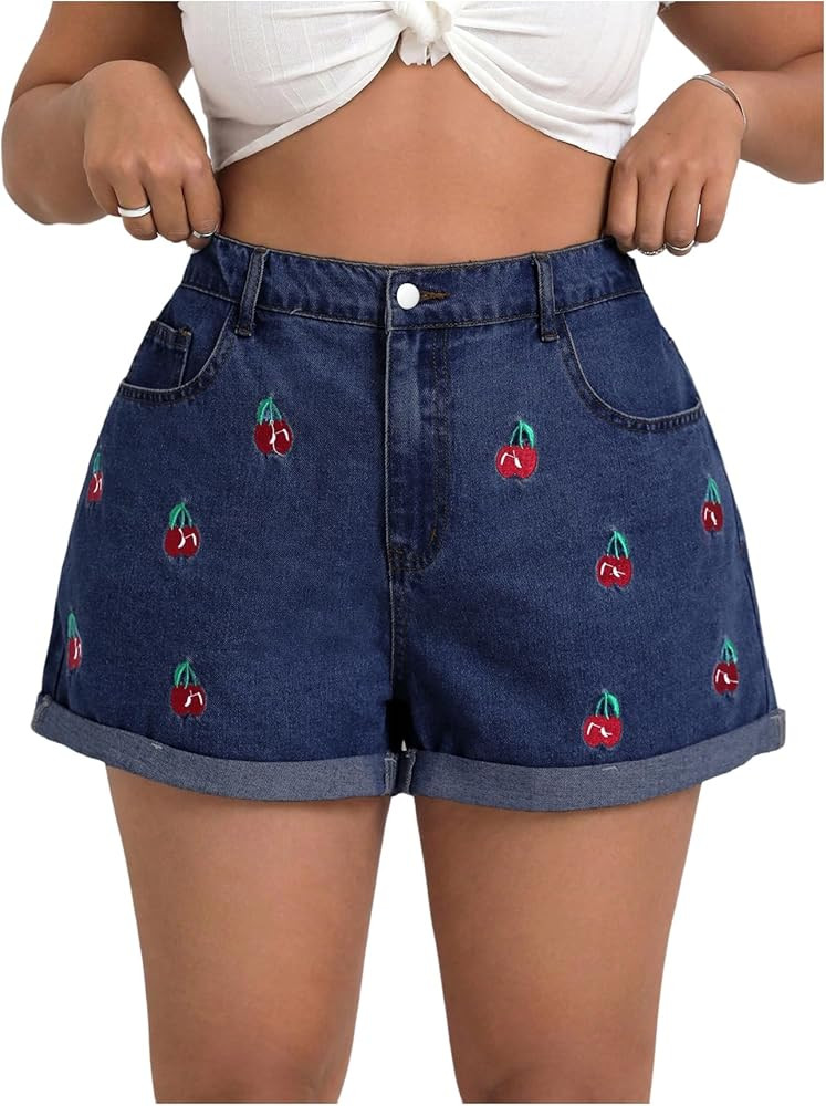 WDIRARA Women's Plus Size Cherry Embroidery Wide Leg Denim Shorts High Waist Rolled Hem Shorts | Amazon (US)