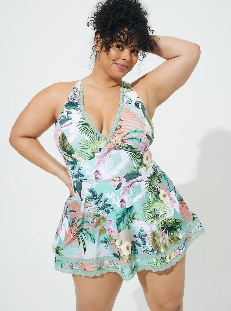 Wireless Mid Lace Trimmed Swim Dress With Brief | Torrid (US & Canada)