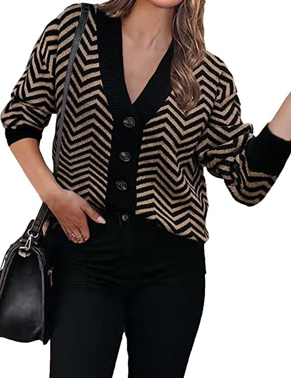 PRETTYGARDEN Women's Button Down Sweater Long Sleeve V Neck Open Front Striped Knit Cardigan Swea... | Amazon (US)