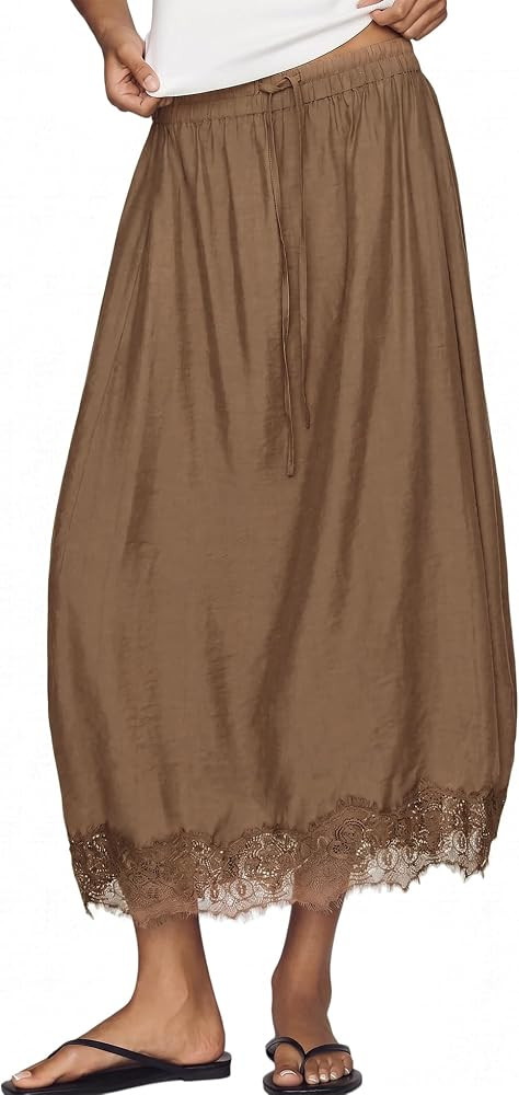 Women Midi Skirt Elegant Lace Trim Boho Drawstring Loose Fit Skirts | Amazon (US)