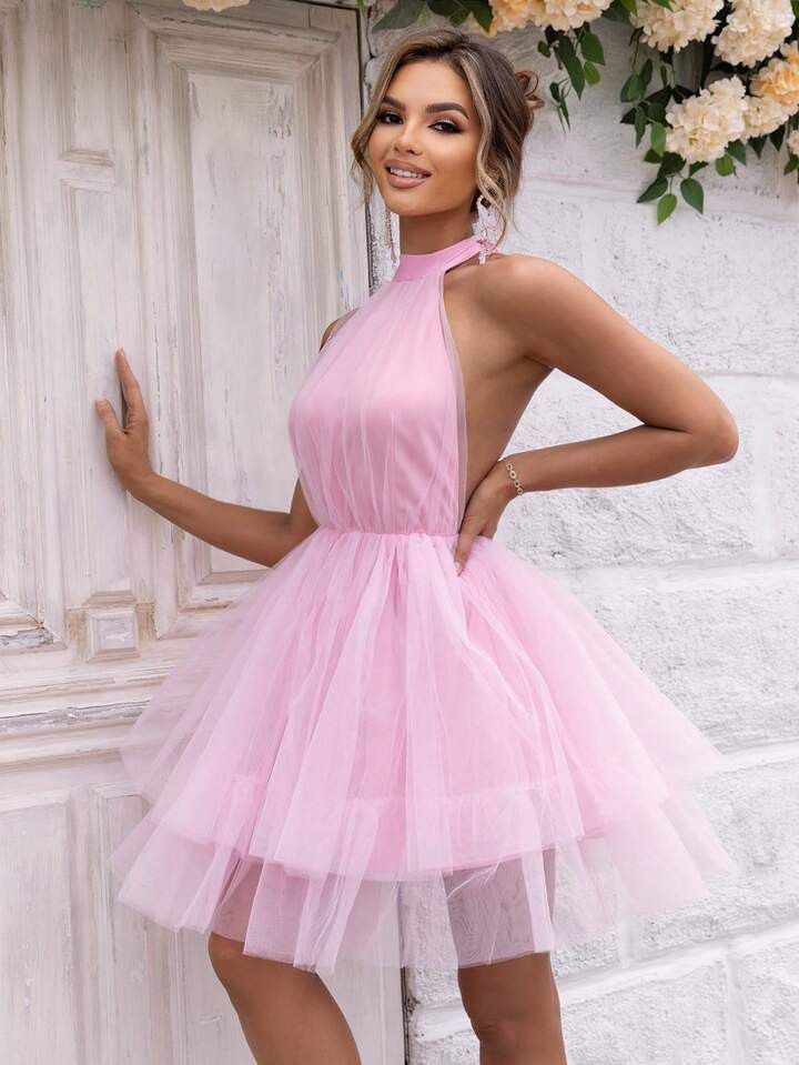 Joyfunear Tie Backless Mesh Overlay Halter Neck Dress | SHEIN