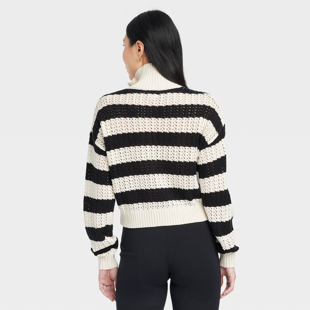Women's Quarter Zip Mock Turtleneck Pullover Sweater - A New Day™ Yellow/White Striped L | Target