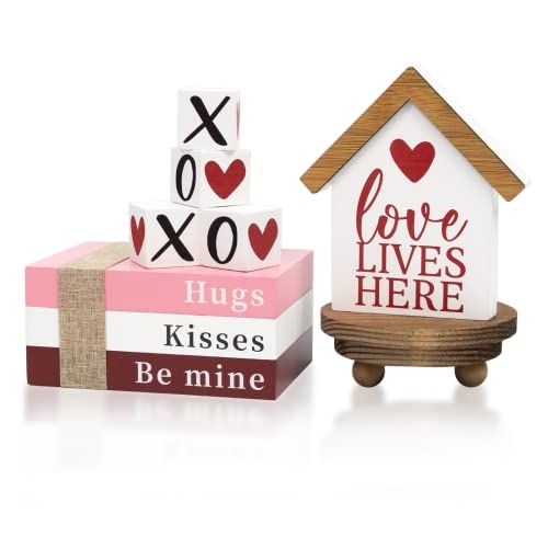 DAZONGE Valentines Day Decor, 6PCS Valentine Tiered Tray Decor, Be Mine Book Stack, XOXO, Love Li... | Amazon (US)