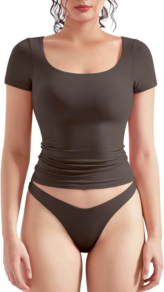 OMKAGI Double Lined Slim Fit T Shirts for Women Short Sleeve Scoop Neck Crop Top | Amazon (US)