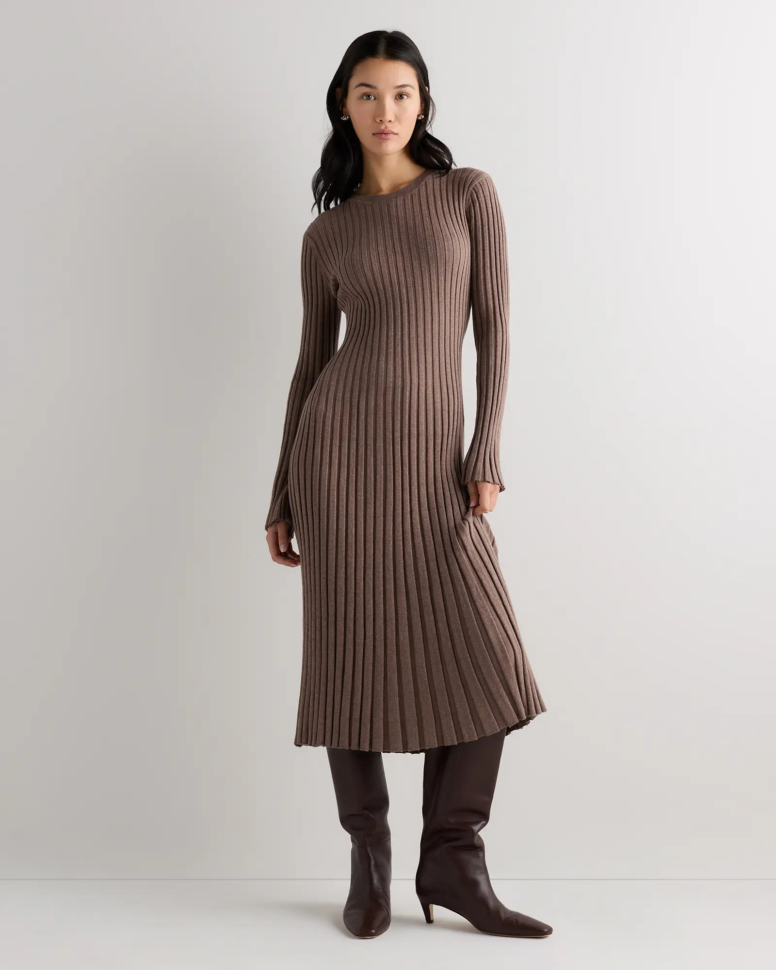Cotton Cashmere Ribbed Long Sleeve Crew Midi Dress | Quince